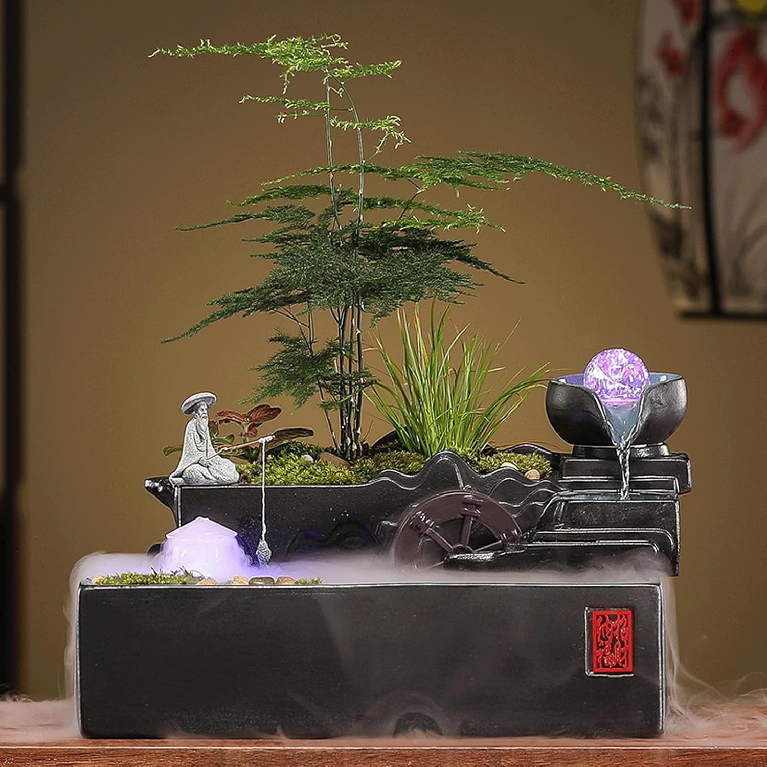 Ceramic Tabletop Fountain Relaxing Indoor Water Fountain w/Crystal Ball & Atomizer Small Fish Tank Water Feature for Desk