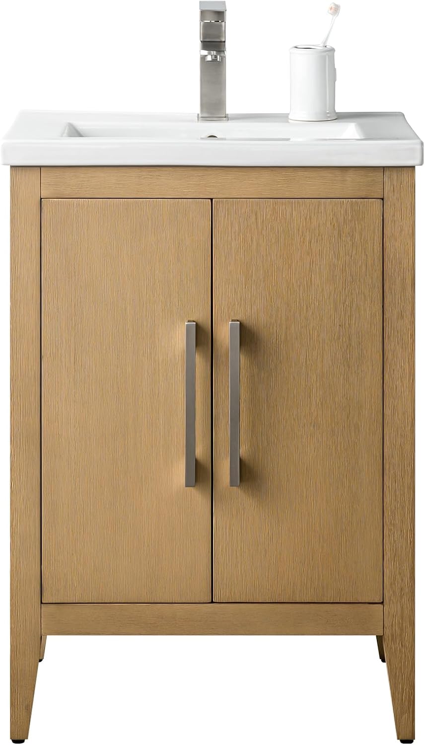 Vanity Art 24 inch Bathroom Vanity with Single Sink & Ceramic Top, Vanity Cabinet with Soft-Closing Doors, Solid Wood Frame, Natural Oak, VA9024-NO-BN1