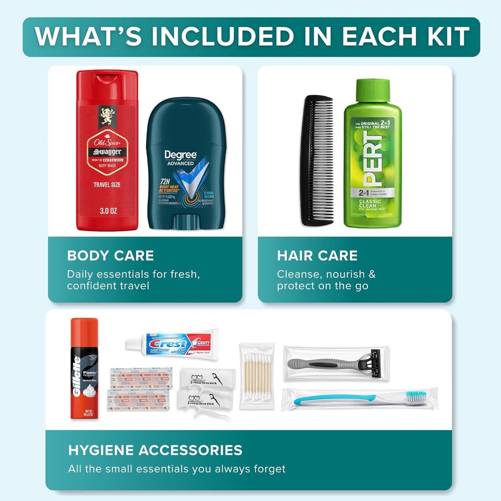TrekTote Bulk 50 Case Pack of Men's 15 Piece Set Hygiene Kits, Travel Size Toiletries, Deodorant, Shampoo, Body Wash, Shaving Cream, Razor, Toothbrush, Toothpaste, Comb, Flossers, Swabs