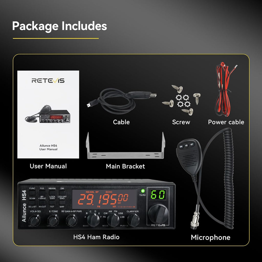 Retevis Ailunce HS4 10 Meter Radio, SSB Ham Radio Base Station, CW/LSB/USB/AM/FM/PA Mobile Transceiver, Noise Reduction, ASQ, SWR Protection, Long Range Amateur Mobile Radio for Contest, Truck, Shacks
