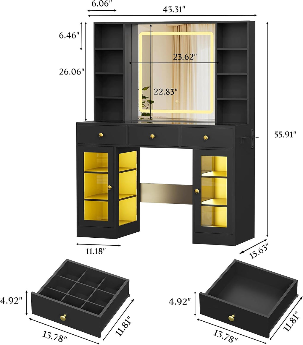 Makeup Vanity Desk with Mirror and Lights, 43' Black Vanity with Glass Top, Jewelry Storage, 3 Drawers & Glass Cabinets, Power Outlet & Adjustable LED Lights, Dressing Table for Women & Girls Bedroom