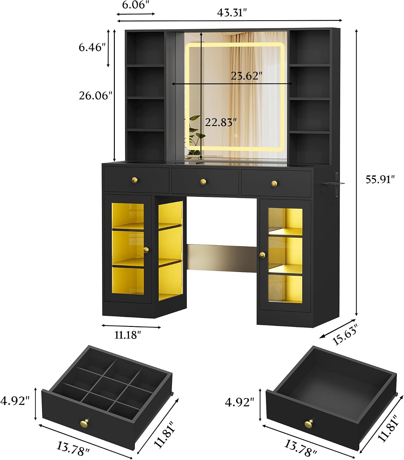 Makeup Vanity Desk with Mirror and Lights, 43' Black Vanity with Glass Top, Jewelry Storage, 3 Drawers & Glass Cabinets, Power Outlet & Adjustable LED Lights, Dressing Table for Women & Girls Bedroom