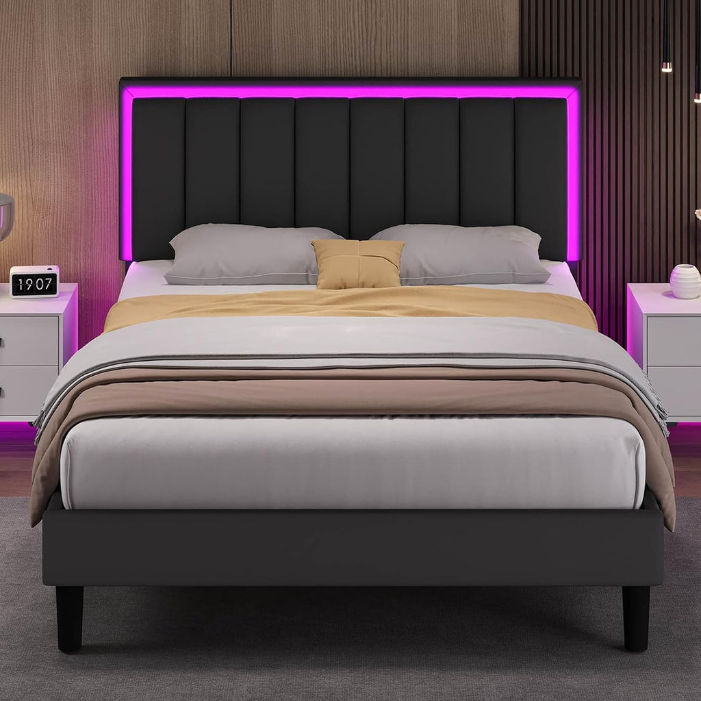 IMMERSTABLE Full Size Bed Frame with RGB LED Lights, Upholstered Platform Bed Frame with Headboard, Wood Slat Support, No Box Spring Needed, Quiet Design, Easy Assembly, Black