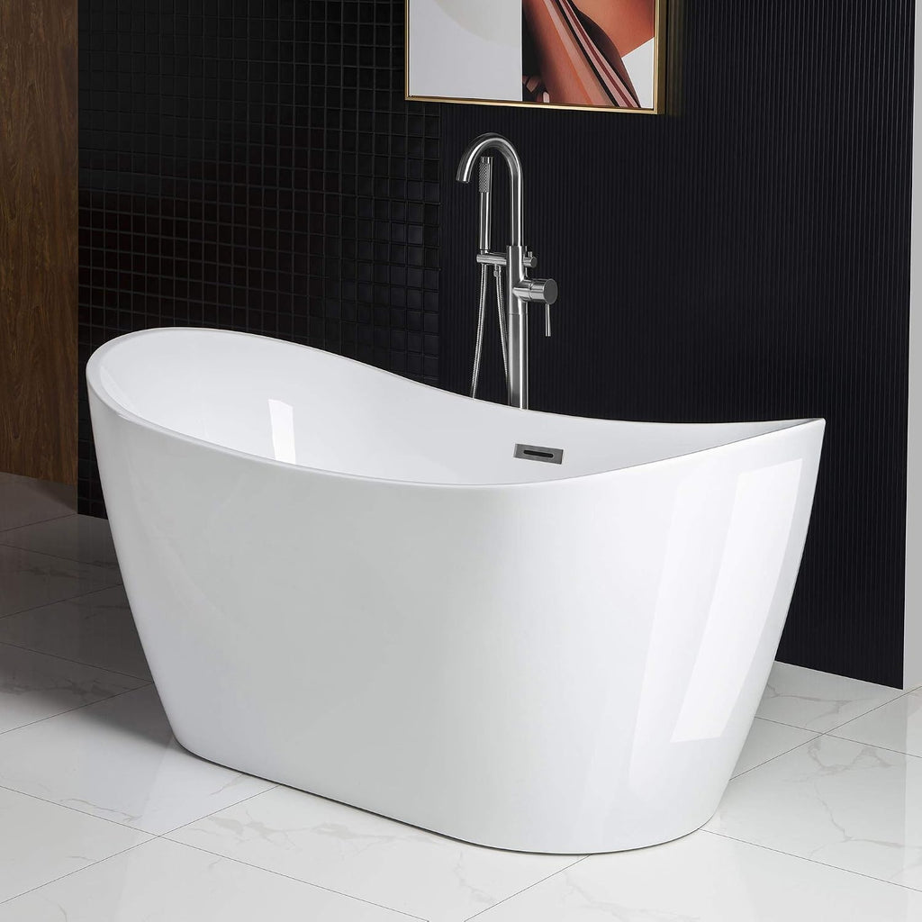 WOODBRIDGE 59' Acrylic Freestanding Bathtub Contemporary Soaking White Tub with Chrome Overflow and Drain，BTA1516-C-Drain-&O