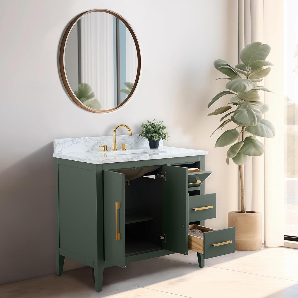 Vanity Art 36 inch Bathroom Vanity with Single Sink & Ceramic Top, Vanity Cabinet with Soft-Closing Doors, Drawers, Solid Wood Frame, Vintage Green, VA9036-VG-BN1
