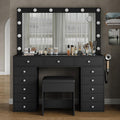 FUSOU 13 Drawers Vanity Desk, 47''W Makeup Vanity with Power Outlet, Vanity Table with Mirror and 12 LED Bulbs, 3 Color Lighting Modes, Glass Top, Dressing Table for Bedroom (Black)