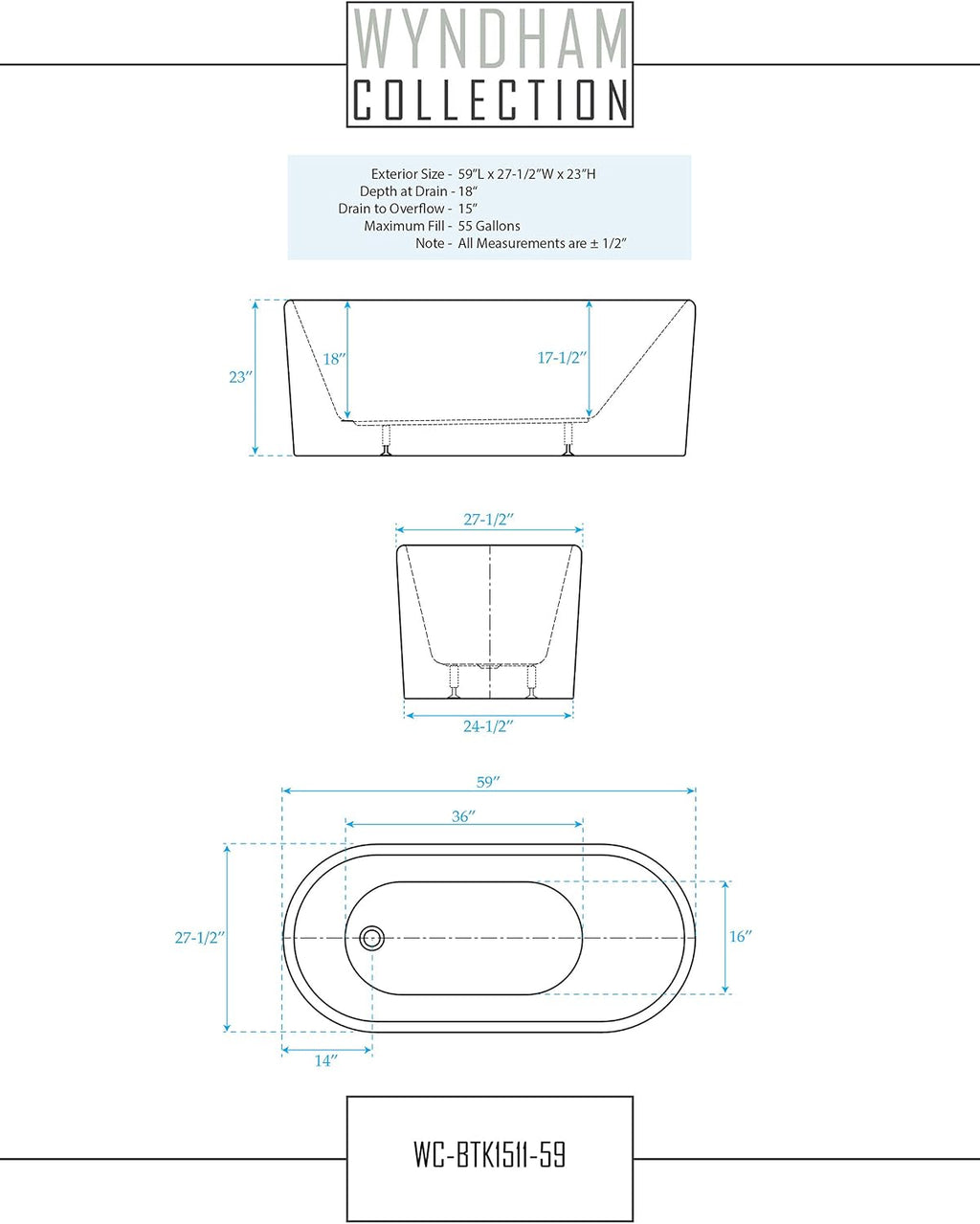 Ursula 59 inch Freestanding Bathtub in White with Polished Chrome Drain and Overflow Trim