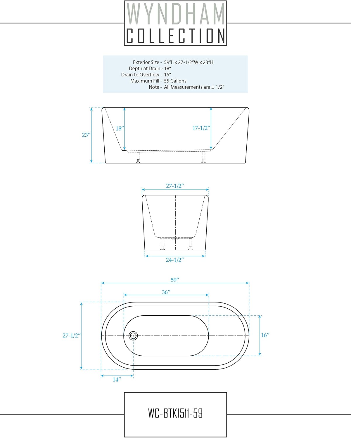 Ursula 59 inch Freestanding Bathtub in White with Polished Chrome Drain and Overflow Trim