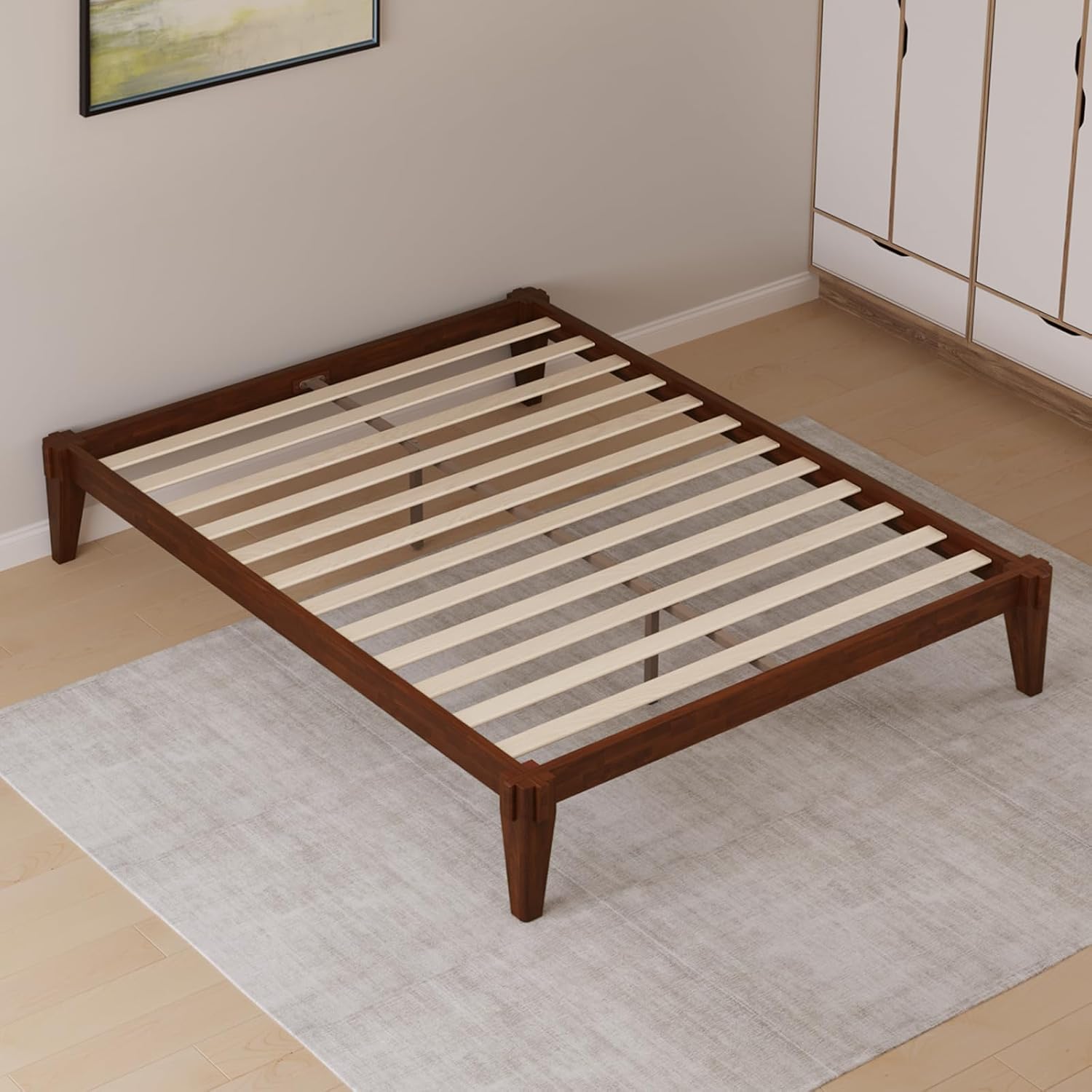 Bme Chalipa 14' Queen Bed Frame - Solid Wood Platform Bed - Japanese Joinery Bed Frame - Wood Slat Support - No Box Spring Needed - Minimalist & Modern Style, Walnut