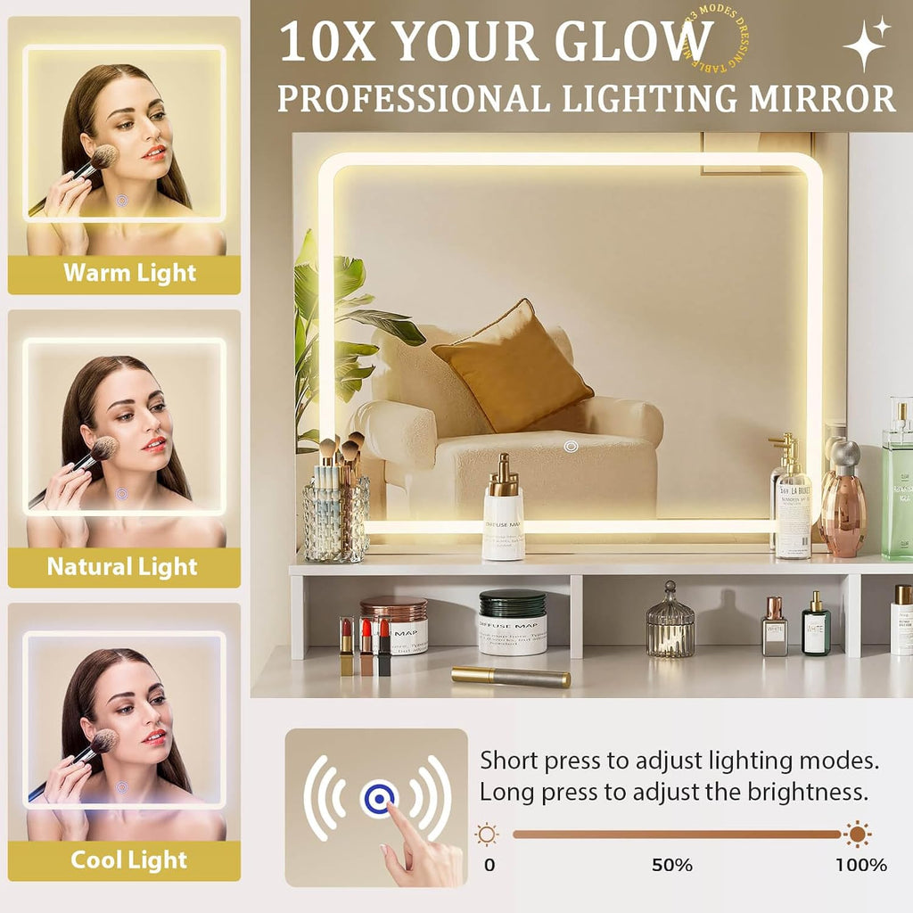 COMHOMA Vanity Desk with Mirror and Lights, Makeup Vanity Table with 4 Drawers & Storage Shelves, Large HD Mirror, 3 Color Modes & Adjustable Brightness, Modern Dressing Table for Bedroom, Pearl White