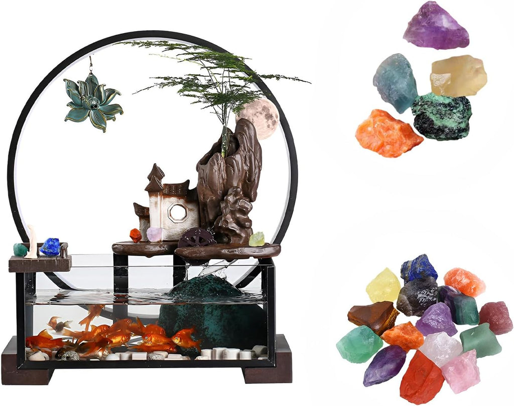 Desktop Ceramic Water Fountain Fish Tank - Adjustable Water Flow with LED Lights | Indoor Decoration Fortune Gifts+15 PCS Free Crystals (Style 1)