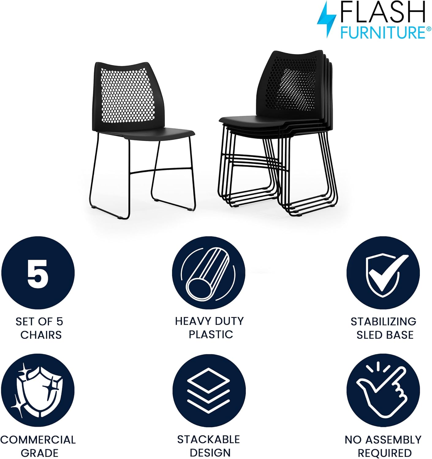 Flash Furniture Hercules Series Contoured Lobby Chairs with Air-Vent Honeycomb Backs, Ergonomic Stacking Chairs for Offices, Set of 5, Black
