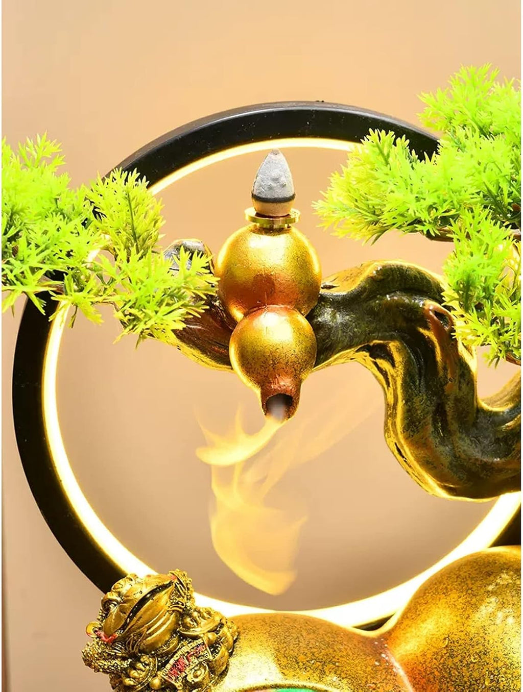 Desktop Fountain Tabletop Water Fountain Resin Relaxation Meditation Desktop with Golden Gourd and Artificial Bonsai Design, Indoor Waterfall Feature for Home Office Decor(Large)