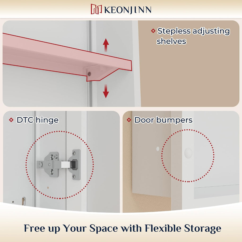 Keonjinn 24' x 30' White Bathroom Medicine Cabinets with Mirror Recessed or Surface Wall-Mounted Aluminum Alloy Metal Framed Beveled Bathroom Mirror, Large Single Door Farmhouse Storage Cabinet Mirror