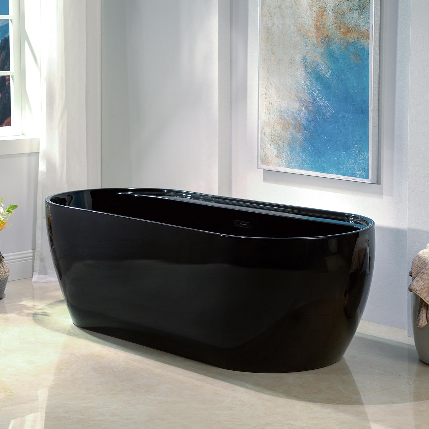 WOODBRIDGE 72' L x 35-3/8' W Freestanding Contemporary Acrylic Soaking Bathtub in Glossy Black Inside and Outside with Oil-Rubbed Bronze Drain & Overflow,B8859-ORB