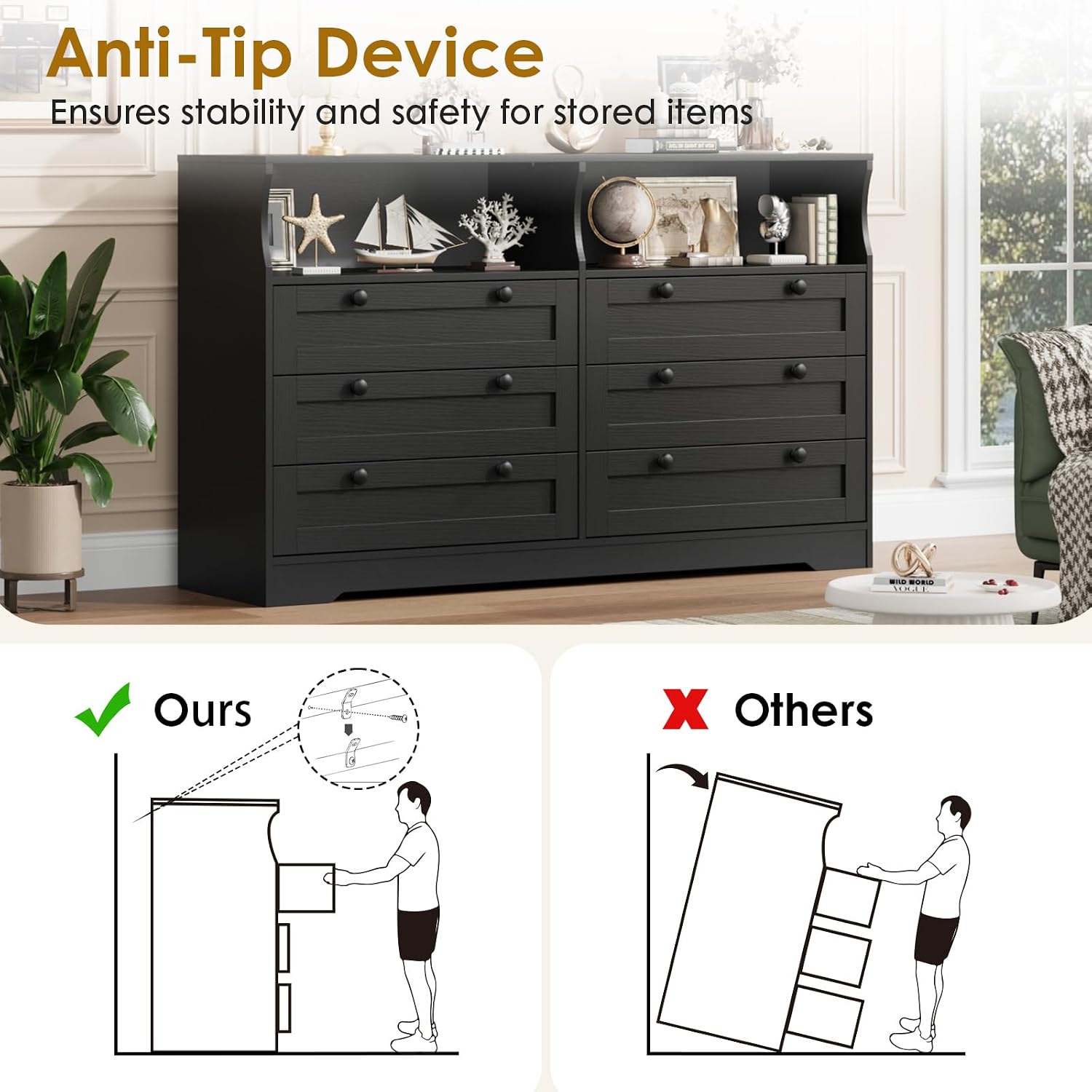 GarveeLife Black Dresser for Bedroom with 6 Drawers, Large Wooden Bedroom Dressers with Power Outlet and Led Lights, 55 in Wide TV Dresser, Wood Modern 6 Drawers Dressers & Chests of Drawers for Room