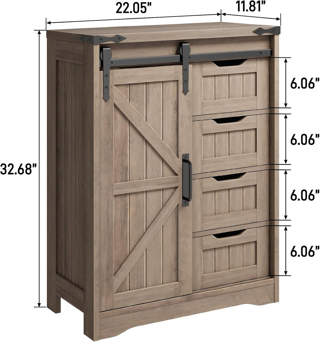 Halitaa Bathroom Farmhouse Storage Cabinet, Floor Cabinet with 4 Drawers, Bathroom Cabinet with Sliding Door, Rustic Storage Organizer for Kitchen, Living Room, Rustic Style, Grey