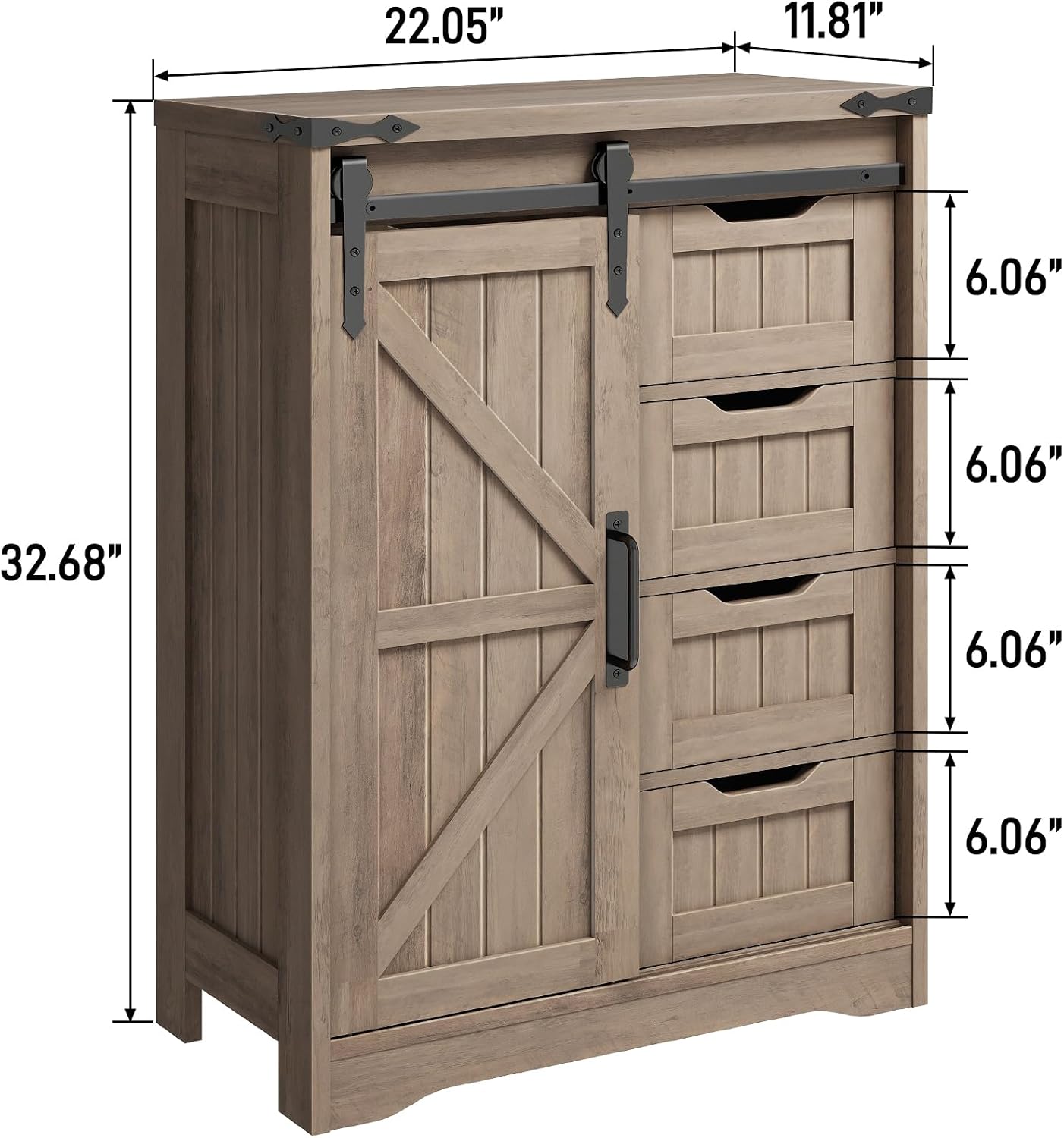 Halitaa Bathroom Farmhouse Storage Cabinet, Floor Cabinet with 4 Drawers, Bathroom Cabinet with Sliding Door, Rustic Storage Organizer for Kitchen, Living Room, Rustic Style, Grey