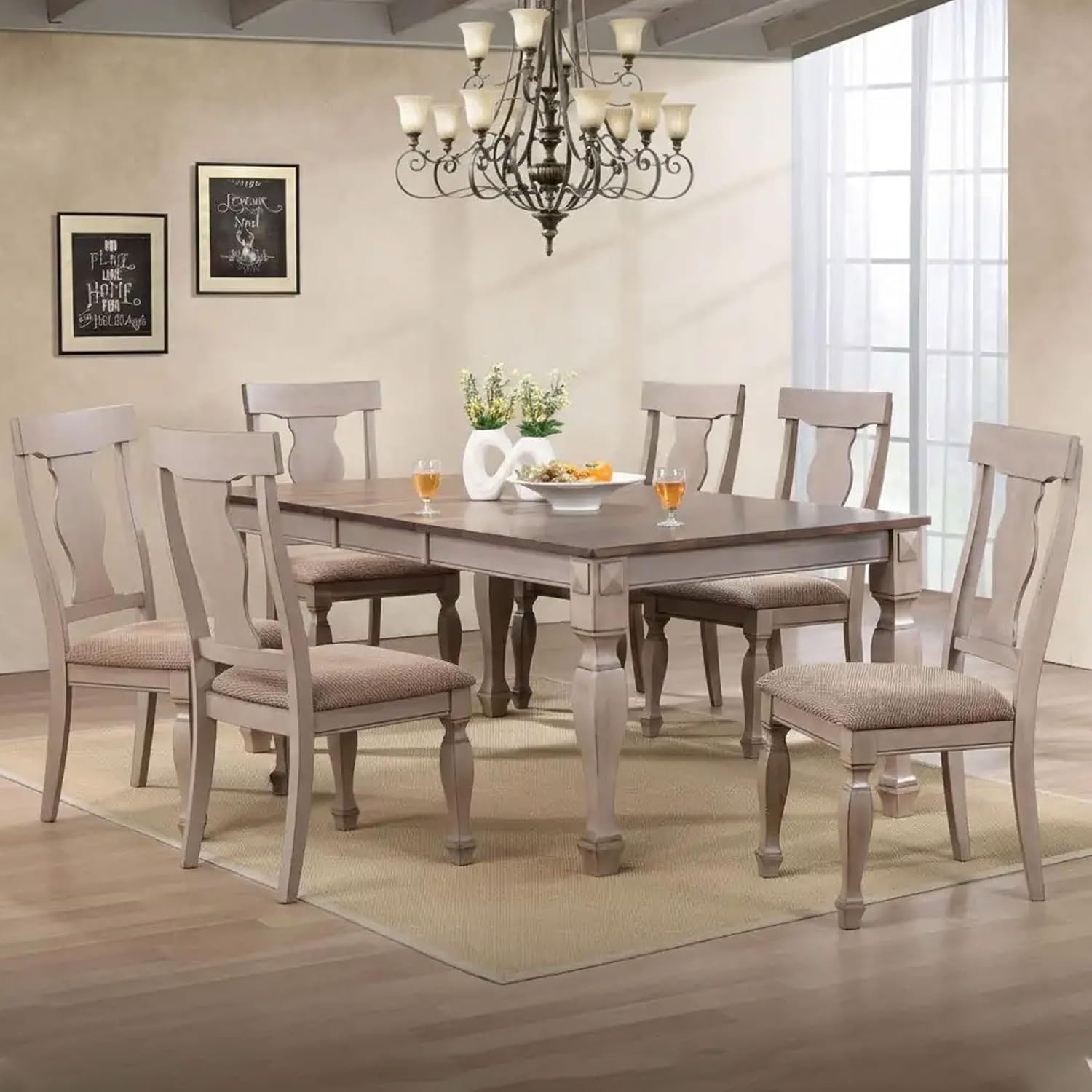 Kings Brand Furniture Charisma 7-Piece Dining Room Set – 2-Tone Brown Solid Wood Extendable Table with 18' Butterfly Leaf and 6 Upholstered Chairs, Traditional Dining Furniture