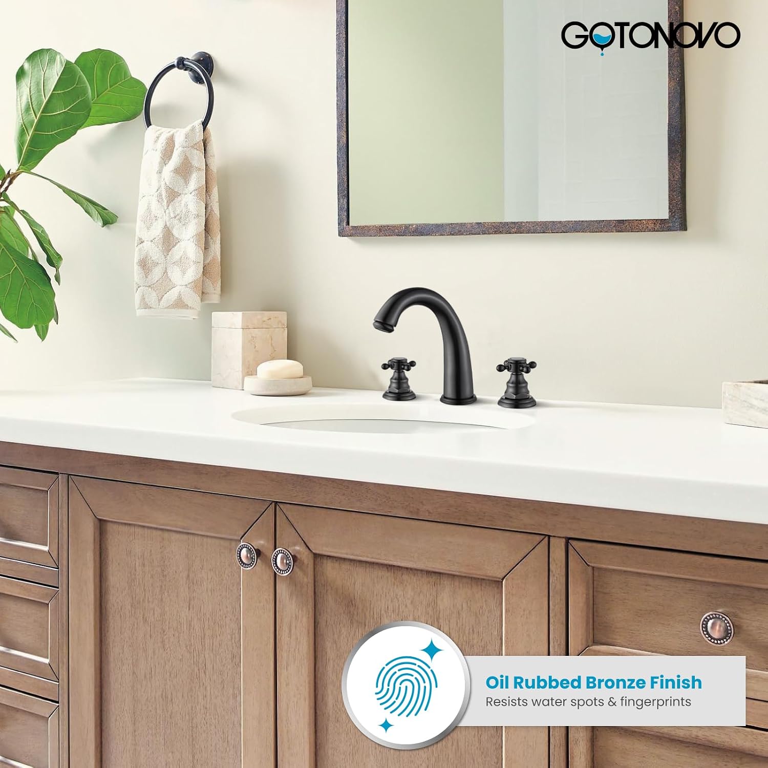 gotonovo Oil Rubbed Bronze Rain Shower System 2 Knobs 8 Inch Rainfall Shower Head with 3 Hole Widespread Bathroom Faucet 8 inch Chrome Polished 2 Cross Handle Pop Up Drain with Overflow