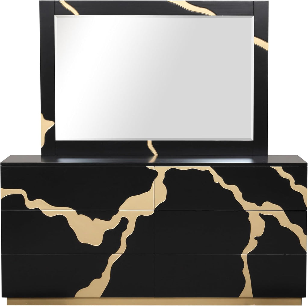 Furniture of America Quanta Modern Wood 5-Piece Bedroom Set with Panel Headboard and Gold-Painted Pattern Extended Walls, Felt-Lined Top Drawer, No Box Spring Needed, King, Black