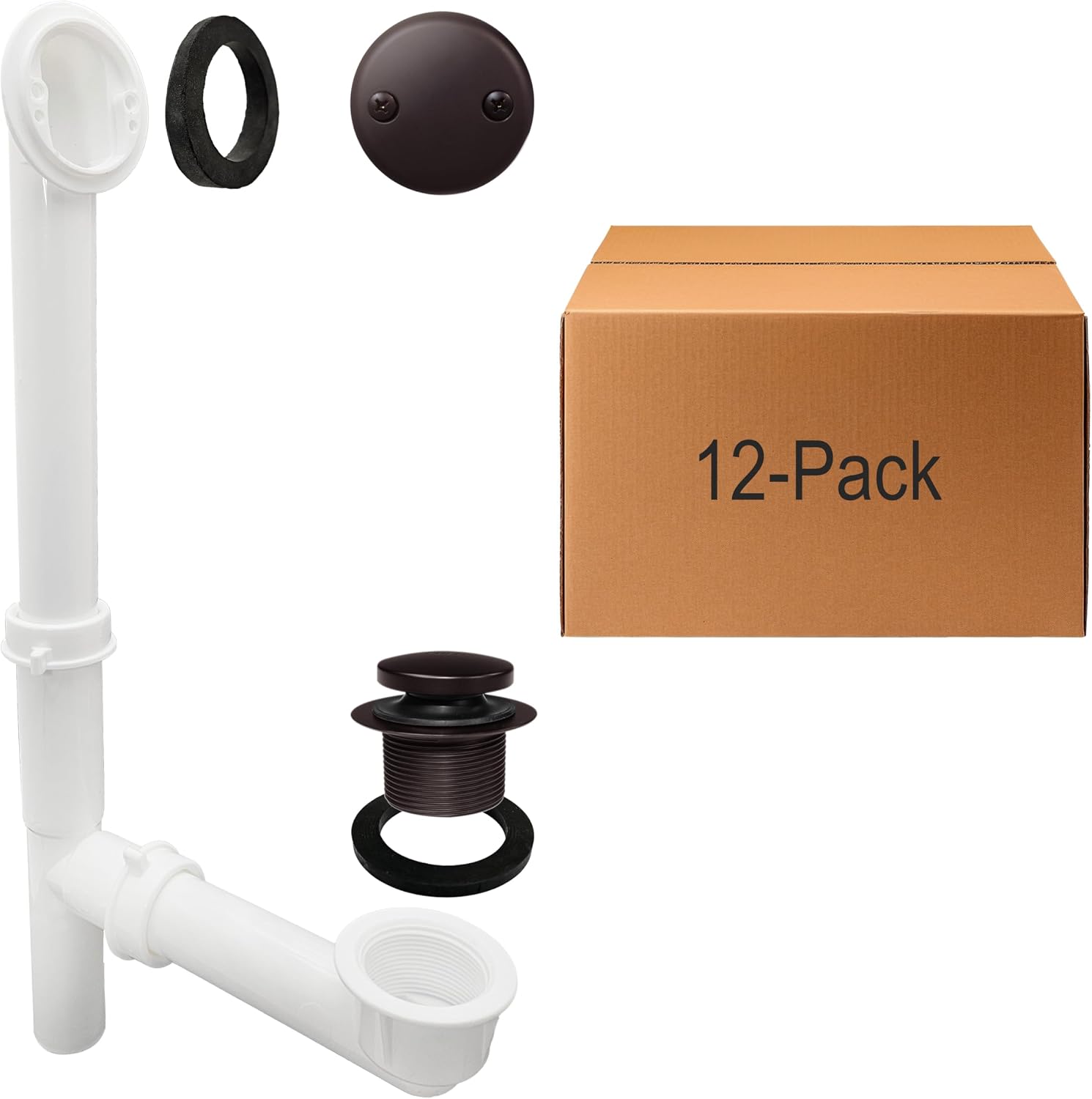 Westbrass 593244-12-12 14' x 1-1/2' White Tubular Bathtub Waste & Overflow Assembly with Tip-Toe Drain Plug and 2-Hole Faceplate, Oil Rubbed Bronze (12-Pack)