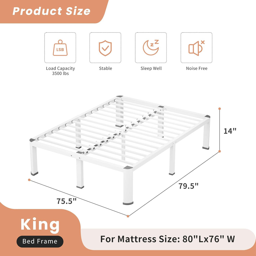 VIPSHOW 14 Inch White King Heavy Duty 3500 lbs Bed Frame with Round-Corner Legs & Anti-Squeak Design – Quick Assembly Metal Platform, No Box Spring Needed