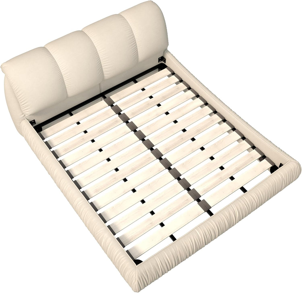 KEIKI Queen Size Upholstered Platform Bed with Oversized Padded Backrest,Thickening Pinewooden Slats and Metal Leg,Beige
