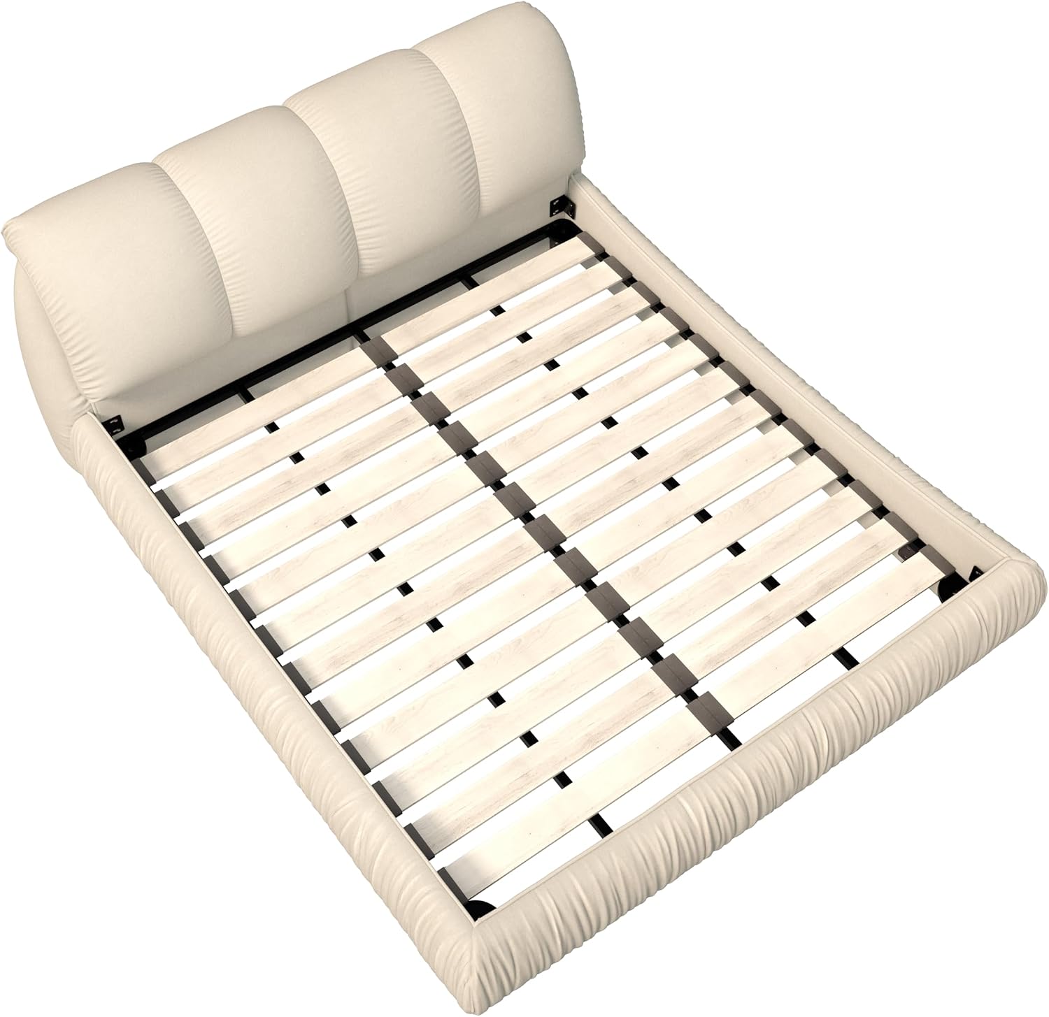 KEIKI Queen Size Upholstered Platform Bed with Oversized Padded Backrest,Thickening Pinewooden Slats and Metal Leg,Beige