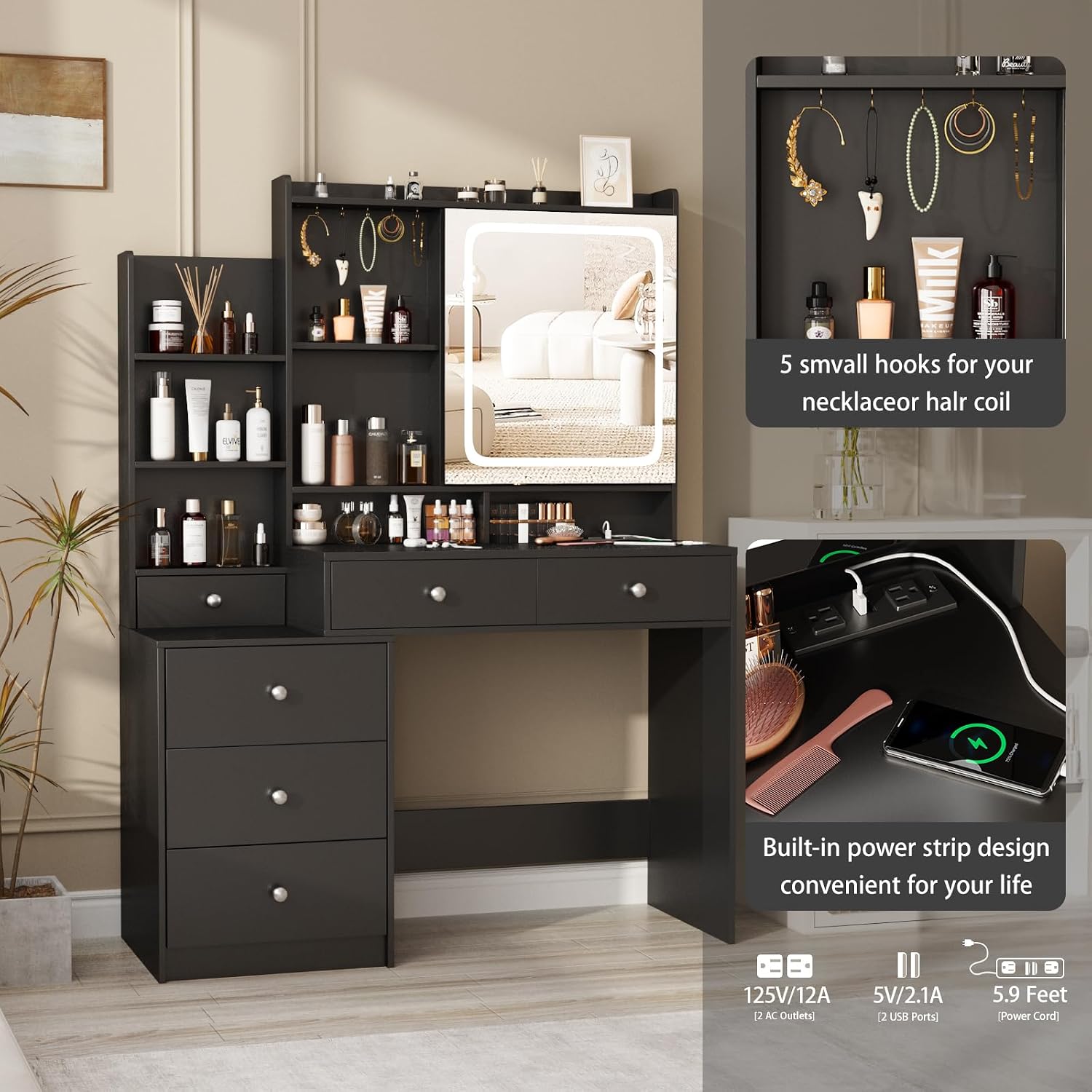 Halitaa Makeup Vanity with Led Mirror and Power Strip,Vanity Desk with Lots Drawers & Openable Mirror,3 Lighting Colors,Open Storage Shelves,Dressing Table for Bedroom,Black