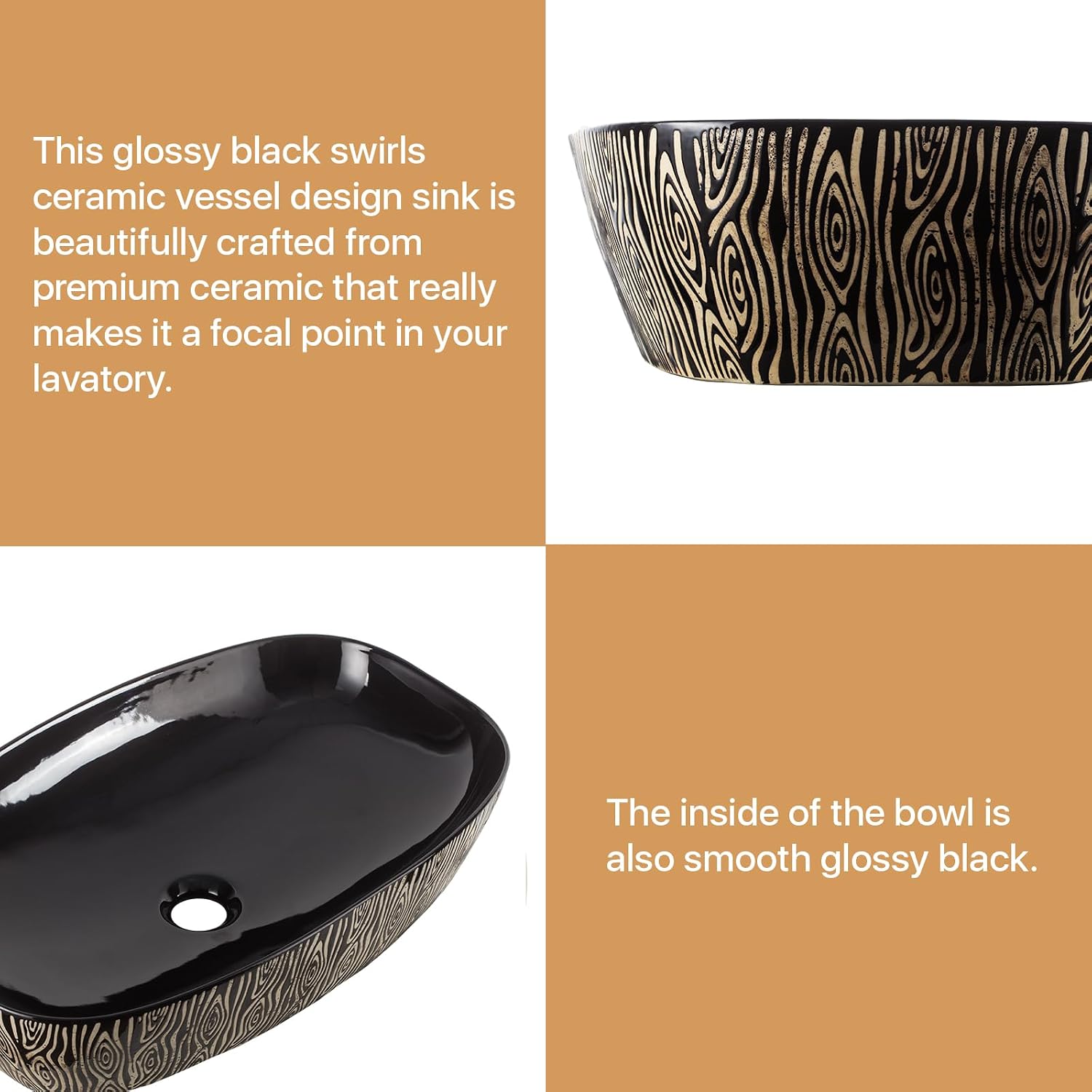 Strictly Sinks 23.5 Inch Bathroom Vessel Sink – Glossy Black w/Gold Swirls Design Ceramic Countertop Bathroom Sink – Above Counter Luxurious Vessel Sink for Bathroom (23-1/2″ W x 15″ L x 5-1/4″ H)