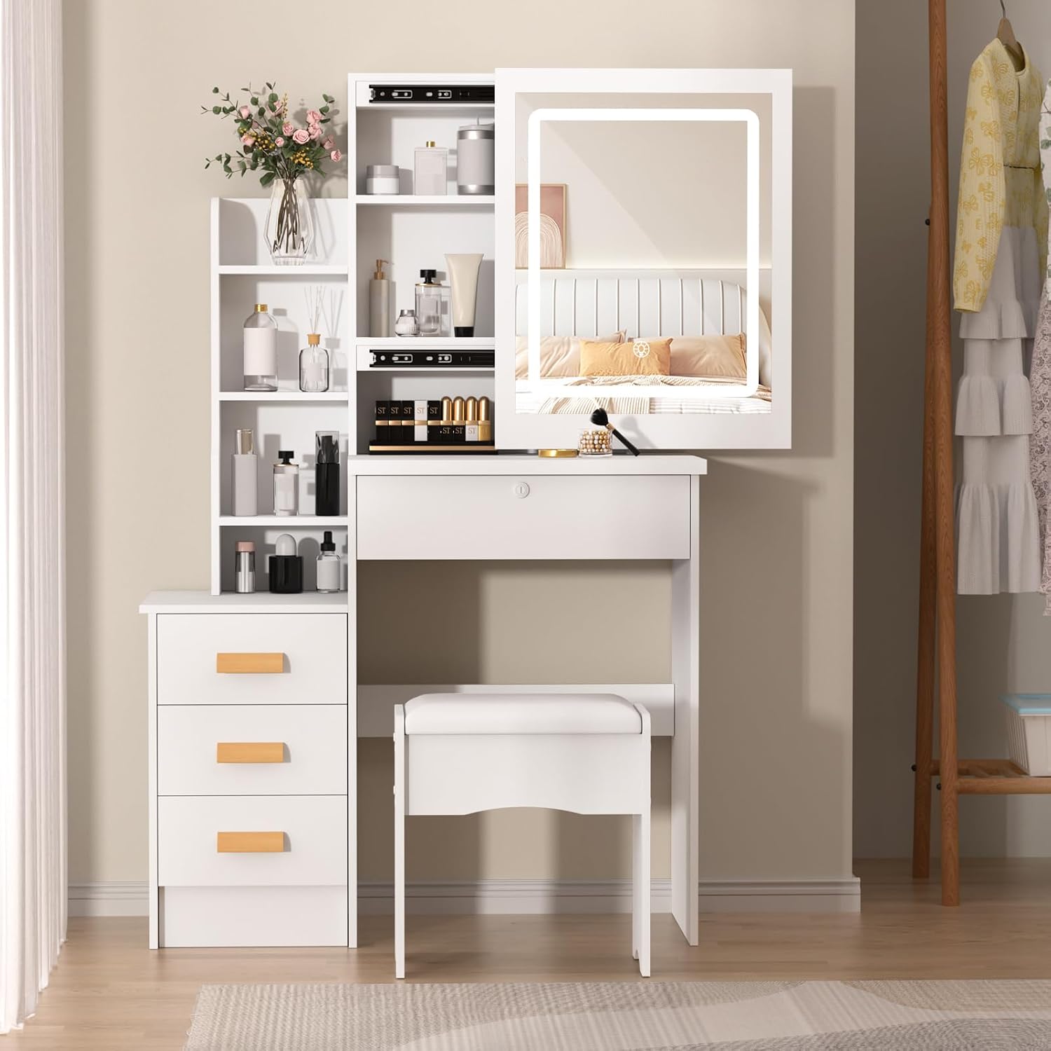 Vanity Desk with Mirror and Lights,Makeup Vanity Desk with Lights 3 Colors,Vanity with 4 Drawers,6 Shelves,Vanity Table Set with Bench for Bedroom,Dressing Table and Chair Set for Women Girls (White)