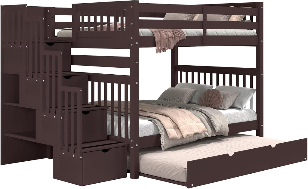 Bedz King Stairway Bunk Beds Full Over Full with 4 Drawers in the Steps and a Full Trundle, Dark Cherry