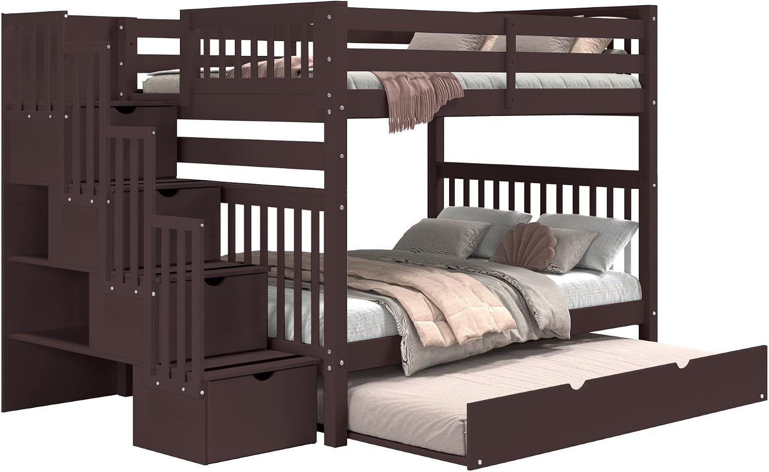 Bedz King Stairway Bunk Beds Full Over Full with 4 Drawers in the Steps and a Full Trundle, Dark Cherry