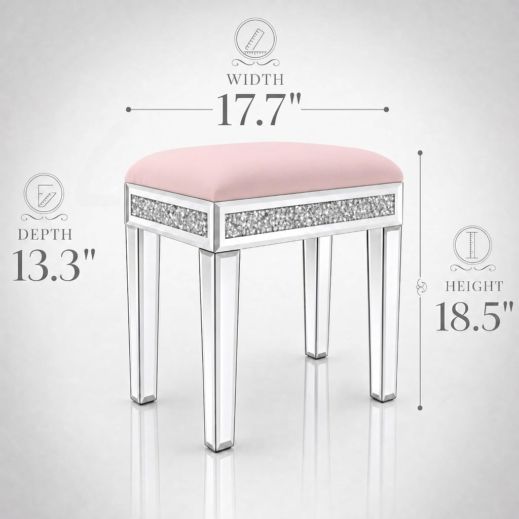 Vanity Stool with Storage – Mirrored Legs, Velvet Cushioned Ottoman, Hidden Compartment, Sparkling Diamond Trim, Glam Makeup Chair & Piano Bench - Silver & Pink