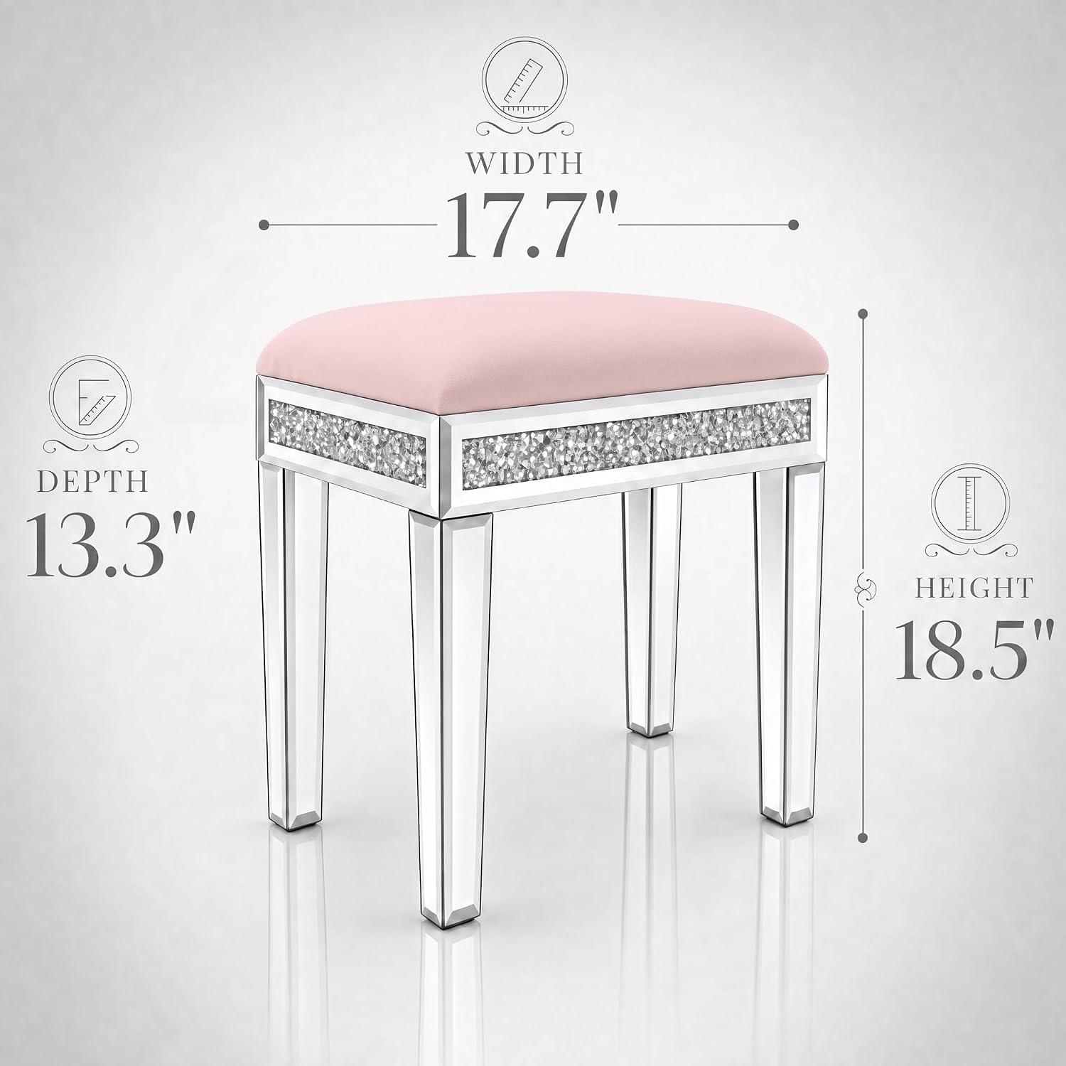 Vanity Stool with Storage – Mirrored Legs, Velvet Cushioned Ottoman, Hidden Compartment, Sparkling Diamond Trim, Glam Makeup Chair & Piano Bench - Silver & Pink