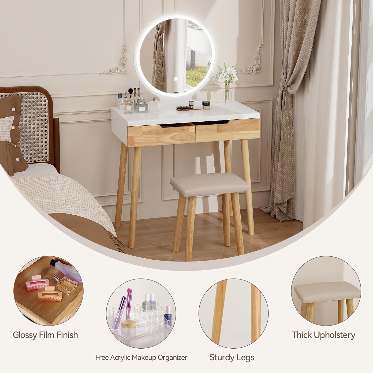 YOURLITE Makeup Vanity Desk with Lights,Small Vanity with Adjustable Brightness Mirror for Small Spaces, Dressing Table with Drawers (31.5', Circular Mirror Wood)