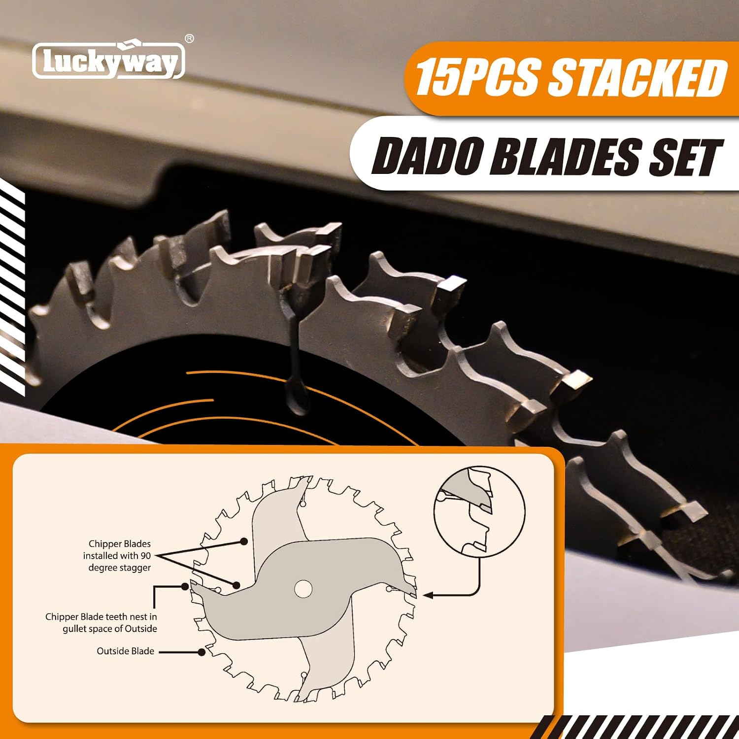 Luckyway Dado Blades for 10 Inch Table Saw, Cutting Width from 1/4' to 7/8' in 1/16',Stacked Dado Blade Set, 10 Inch Dado Blade 24 Carbide Tip Tooth with 5/8 Inch Arbor - 15 Pieces