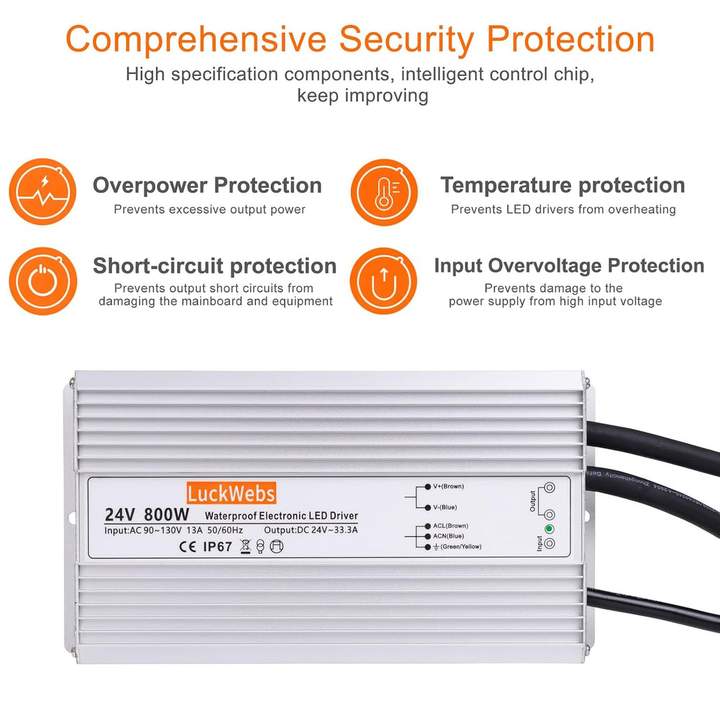 LED Driver 24V 800W Waterproof Power Supply AC 90-130V to DC 24V33.3A Switching Power Supply IP67 Low-Voltage Transformer Suitable for Outdoor LED Lighting Fixtures and Any 24V DC Equipment