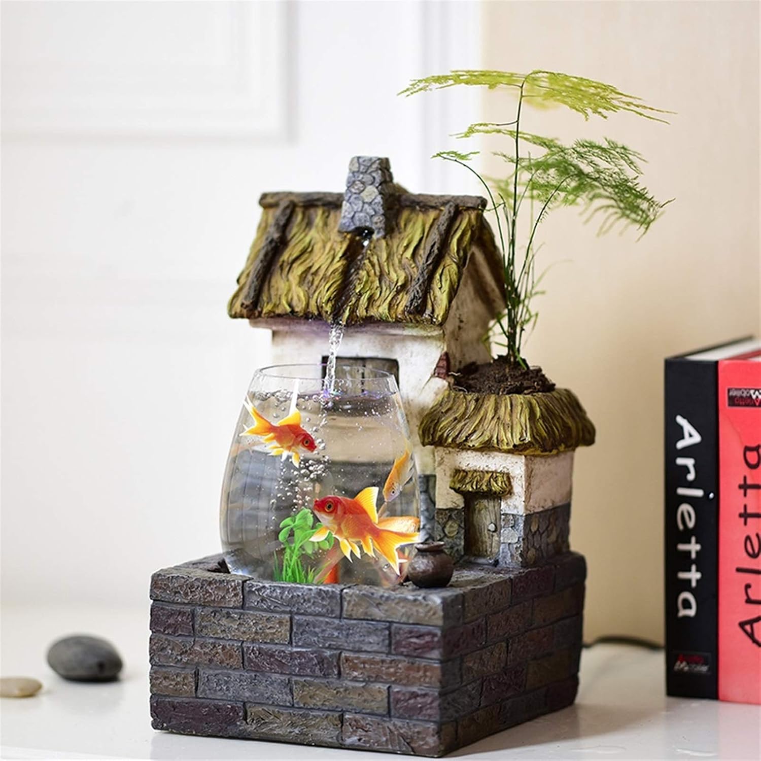 Transparent Fish Tank and Antique Cottage Fountain Waterfall Tabletop Water Feature Indoor Decoration Aquarium Humidifier Relaxesion Desktop Decorative Fountain(B)