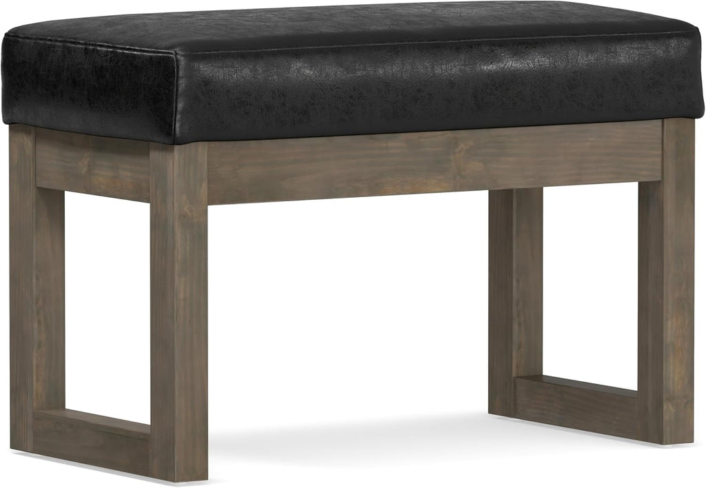 SIMPLIHOME Milltown Small Ottoman Bench - 27' Wide x 18' High Upholstered Vegan Leather Rectangle Footstool Ottoman in Distressed Black, Contemporary Bench for Bedroom with Cushioned Seat, Assembled
