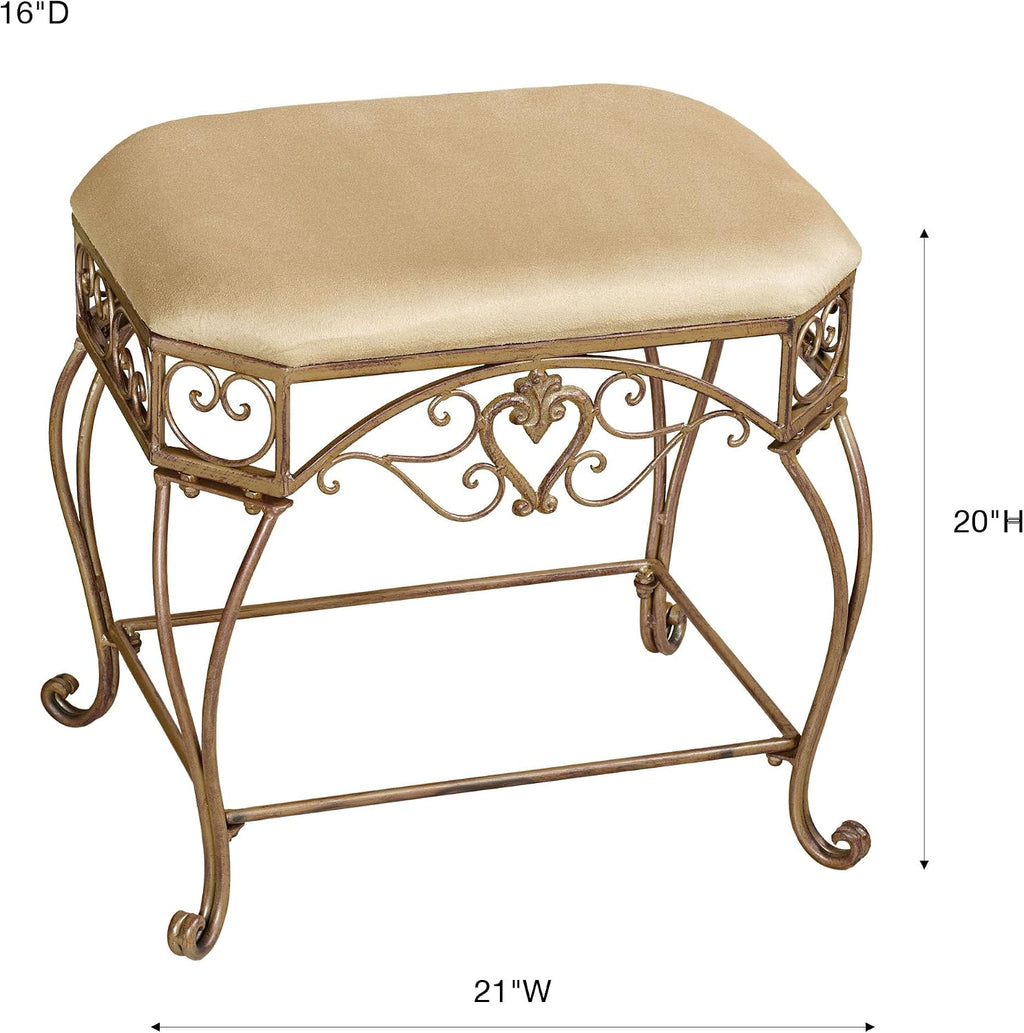 Touch of Class Aldabella Traditional Upholstered Vanity Bench | Satin Gold | Cushion is Polyester | Made of Metal | Painted by Hand | Elegant Accent Furniture for Bedroom, Bathroom, Living Room