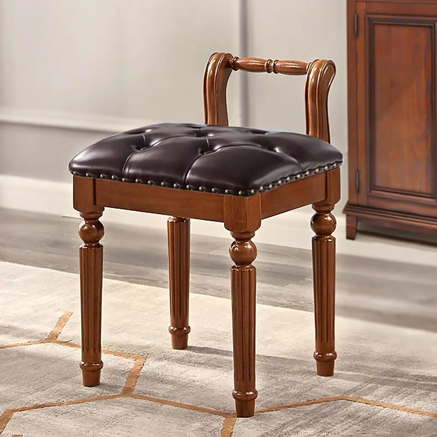 Low Back Vanity Bench Stool with Padded Cushion, Leather Retro Makeup Stool, Solid Wood Carving Legs, Piano Bench for Makeup Room, Bedroom, Living Room (Walnut + Brown)