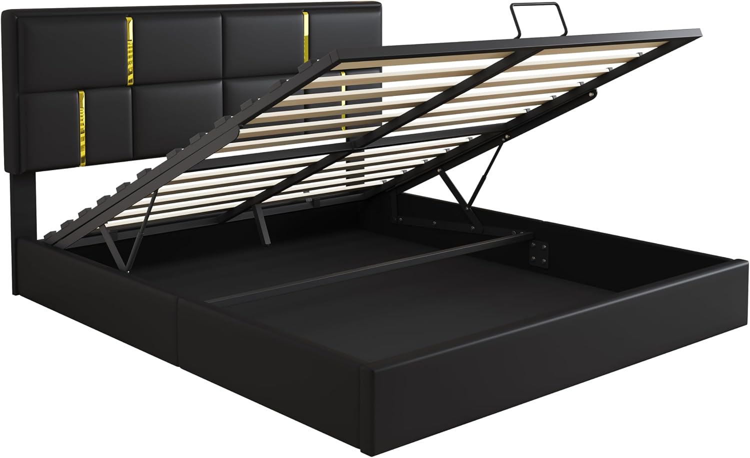 GDFStudio Gomar 2-Piece Bedroom Sets, Queen Size Storage Bed Frame with Hydraulic Lift & Ottoman Bench, PU Upholstered Platform Bed, Soft Fabric Headboard, No Spring Box Needed, Gold Decor, Black