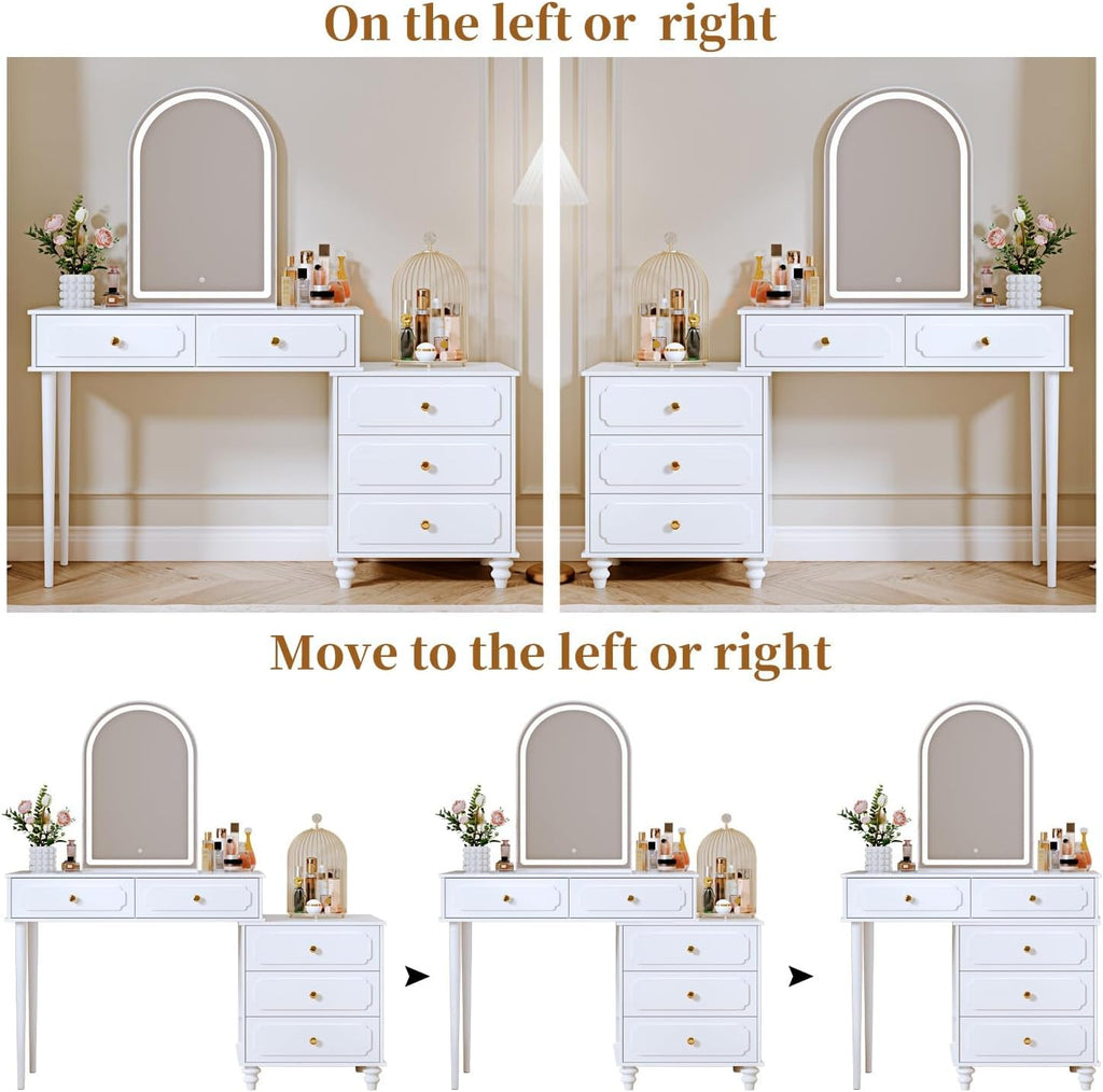 Ieejdn White,Vanity Desk with Mirror and Lights,Makeup Vanity with Power Outlet and Adjustable Cabinet,Modern Makeup Table with 3 Drawers for Bedroom Makeup Room