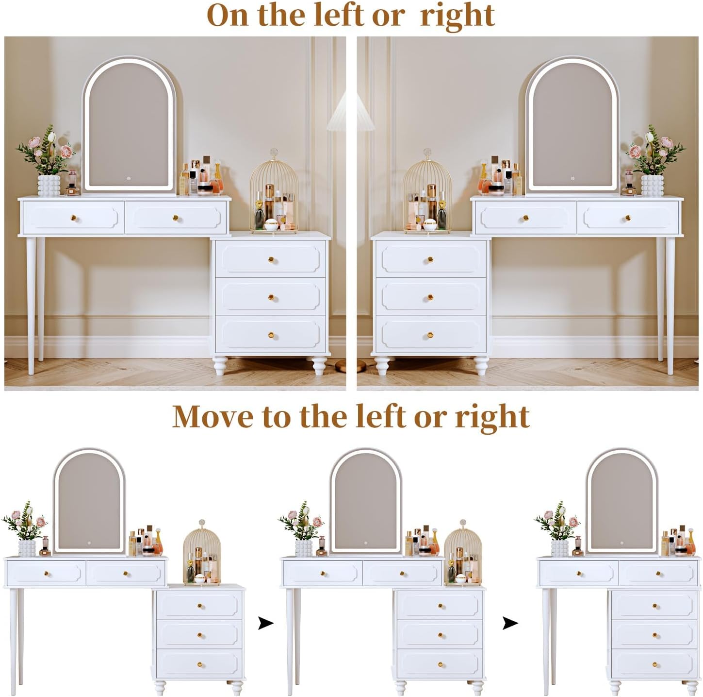 Ieejdn White,Vanity Desk with Mirror and Lights,Makeup Vanity with Power Outlet and Adjustable Cabinet,Modern Makeup Table with 3 Drawers for Bedroom Makeup Room