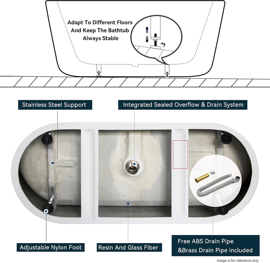 FerdY 59' Bali Elite Acrylic Freestanding Bathtub, Gracefully Shaped Freestanding Soaking Bathtub, cUPC Certified, Toe-Tap Brushed Nickel Drain and Minimalist Linear Design Overflow Included