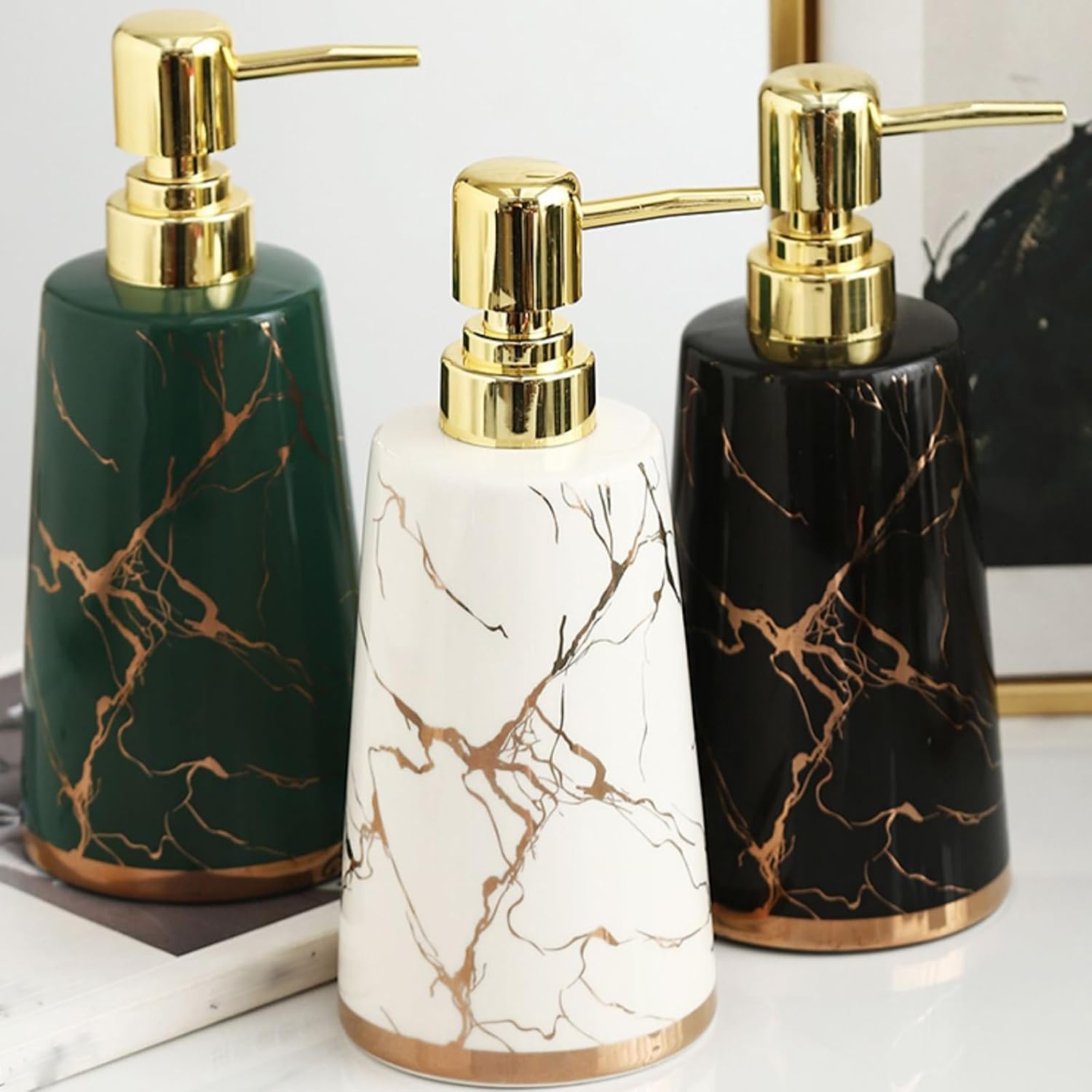 Ceramic Shampoo Conditioner Dispenser,Marble Pattern Refillable Empty Lotion Liquid Soap Pump Bottle,Pump Dispenser Bottles,for Bathroom Countertop,Green
