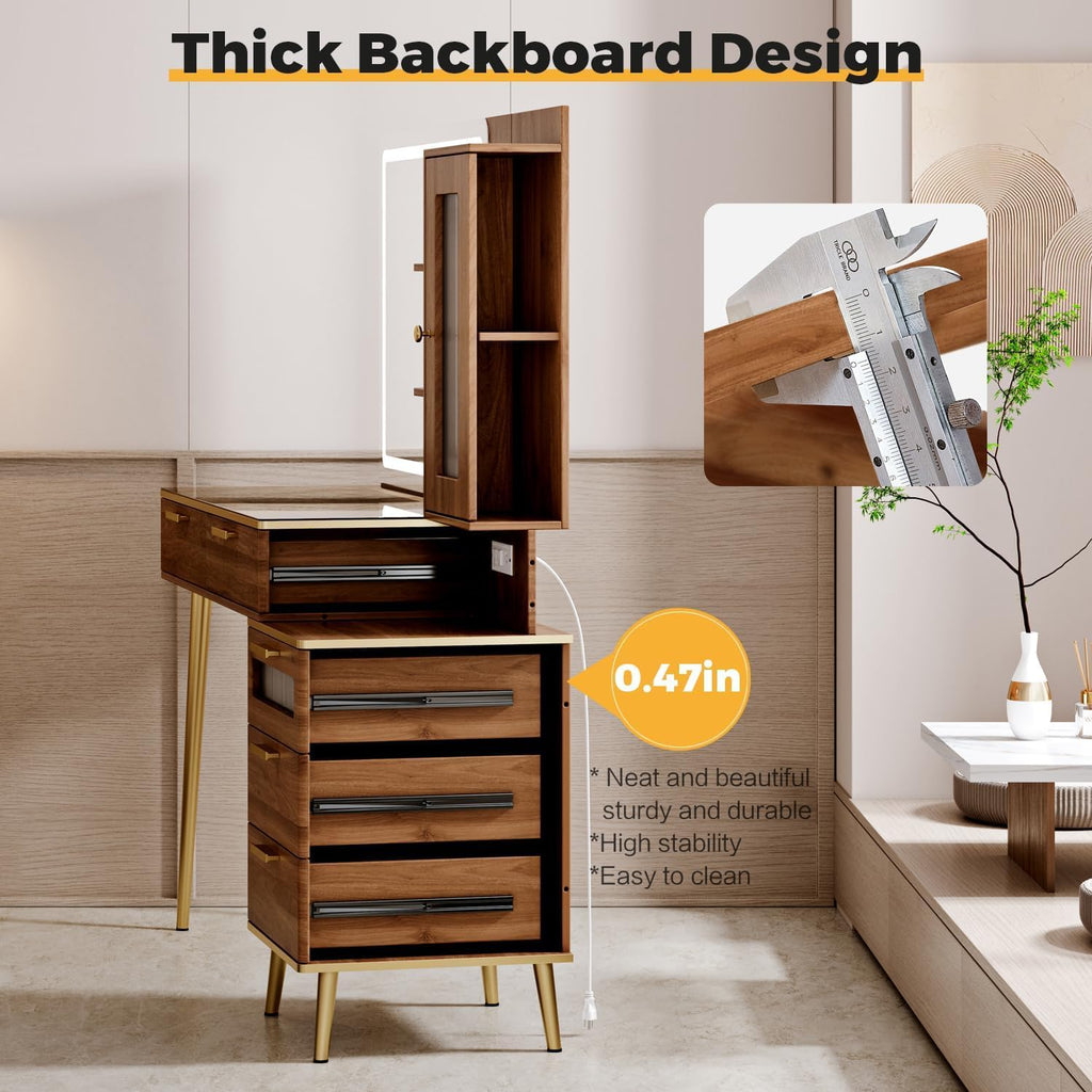 Arulvmrn Vanity Desk with 29.53' HD Lighted Mirror, 47.24' Big Modern Vanity Desk with Mirror and Lights, Makeup Vanity with 5 Drawers and Storage Shelves and Charging Station,Brown1