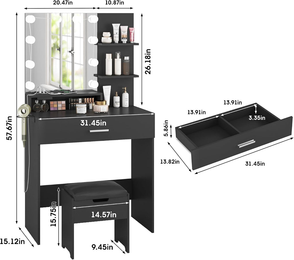 Vabches Small Vanity Desk with Mirror and Lights, Makeup Vanity with Storage Chair & Power Strip,Girl Dressing Table Set with Drawer for Bedroom,3 Lighting Modes,Brightness Adjustable,Black